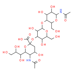 ChemSpider 2D Image | 5-Acetamido-3,5-dideoxy-6-(1,2,3-trihydroxypropyl)hex-2-ulopyranonosyl-(2->3)hexopyranosyl-(1->4)-N-acetylhexopyranosylamine | C25H42N2O19