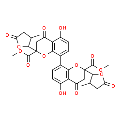 ChemSpider 2D Image | Dimethyl 5,5'-dihydroxy-2,2'-bis(3-methyl-5-oxotetrahydro-2-furanyl)-4,4'-dioxo-3,3',4,4'-tetrahydro-2H,2'H-8,8'-bichromene-2,2'-dicarboxylate | C32H30O14