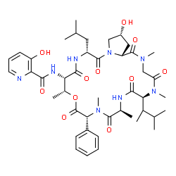 ChemSpider 2D Image | 3-Hydroxy-N-[(6S,9S,12R,15R,16S,19R,23R,24aR)-23-hydroxy-19-isobutyl-2,5,9,11,15-pentamethyl-6-(3-methyl-2-butanyl)-1,4,7,10,13,17,20-heptaoxo-12-phenyldocosahydro-1H-pyrrolo[2,1-o][1,4,7,10,13,16,19]
oxahexaazacyclodocosin-16-yl]-2-pyridinecarboxamide | C44H62N8O11