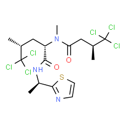 ChemSpider 2D Image | (4R)-5,5,5-Trichloro-N~2~-methyl-N-[(1R)-1-(1,3-thiazol-2-yl)ethyl]-N~2~-[(3S)-4,4,4-trichloro-3-methylbutanoyl]-L-leucinamide | C17H23Cl6N3O2S