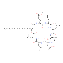 ChemSpider 2D Image | [(9S,12S,21S,25R)-3,6,15,18-Tetraisobutyl-12-isopropyl-21-(3-methoxy-3-oxopropyl)-2,5,8,11,14,17,20,23-octaoxo-25-undecyl-1-oxa-4,7,10,13,16,19,22-heptaazacyclopentacosan-9-yl]acetic acid | C53H93N7O13