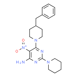 ChemSpider 2D Image | 6-(4-Benzyl-1-piperidinyl)-5-nitro-2-(1-piperidinyl)-4-pyrimidinamine | C21H28N6O2