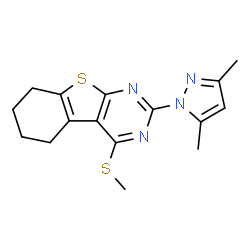 ChemSpider 2D Image | 2-(3,5-Dimethyl-1H-pyrazol-1-yl)-4-(methylsulfanyl)-5,6,7,8-tetrahydro[1]benzothieno[2,3-d]pyrimidine | C16H18N4S2