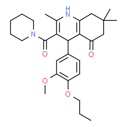 ChemSpider 2D Image | 4-(3-Methoxy-4-propoxyphenyl)-2,7,7-trimethyl-3-(1-piperidinylcarbonyl)-4,6,7,8-tetrahydro-5(1H)-quinolinone | C28H38N2O4