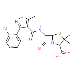 ChemSpider 2D Image | 6-({[3-(2-Chlorophenyl)-5-methyl-1,2-oxazol-4-yl]carbonyl}amino)-3,3-dimethyl-7-oxo-4-thia-1-azabicyclo[3.2.0]heptane-2-carboxylate | C19H17ClN3O5S