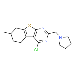 ChemSpider 2D Image | 4-Chloro-7-methyl-2-(1-pyrrolidinylmethyl)-5,6,7,8-tetrahydro[1]benzothieno[2,3-d]pyrimidine | C16H20ClN3S