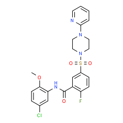 ChemSpider 2D Image | N-(5-Chloro-2-methoxyphenyl)-2-fluoro-5-{[4-(2-pyridinyl)-1-piperazinyl]sulfonyl}benzamide | C23H22ClFN4O4S