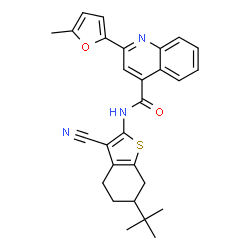 ChemSpider 2D Image | N-(6-tert-Butyl-3-cyano-4,5,6,7-tetrahydro-1-benzothiophen-2-yl)-2-(5-methyl-2-furyl)quinoline-4-carboxamide | C28H27N3O2S