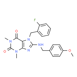 ChemSpider 2D Image | 7-(2-Fluorobenzyl)-8-[(4-methoxybenzyl)amino]-1,3-dimethyl-3,7-dihydro-1H-purine-2,6-dione | C22H22FN5O3