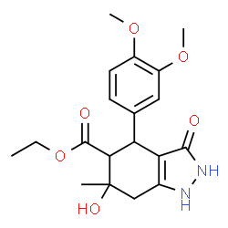ChemSpider 2D Image | Ethyl 4-(3,4-dimethoxyphenyl)-6-hydroxy-6-methyl-3-oxo-2,3,4,5,6,7-hexahydro-1H-indazole-5-carboxylate | C19H24N2O6