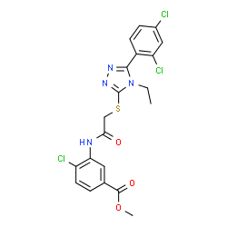 ChemSpider 2D Image | Methyl 4-chloro-3-[({[5-(2,4-dichlorophenyl)-4-ethyl-4H-1,2,4-triazol-3-yl]sulfanyl}acetyl)amino]benzoate | C20H17Cl3N4O3S
