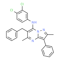 ChemSpider 2D Image | 6-Benzyl-N-(3,4-dichlorophenyl)-2,5-dimethyl-3-phenylpyrazolo[1,5-a]pyrimidin-7-amine | C27H22Cl2N4