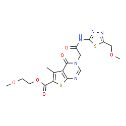 ChemSpider 2D Image | 2-Methoxyethyl 3-(2-{[5-(methoxymethyl)-1,3,4-thiadiazol-2-yl]amino}-2-oxoethyl)-5-methyl-4-oxo-3,4-dihydrothieno[2,3-d]pyrimidine-6-carboxylate | C17H19N5O6S2