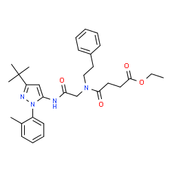 ChemSpider 2D Image | Ethyl 4-[(2-{[1-(2-methylphenyl)-3-(2-methyl-2-propanyl)-1H-pyrazol-5-yl]amino}-2-oxoethyl)(2-phenylethyl)amino]-4-oxobutanoate | C30H38N4O4