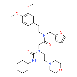 ChemSpider 2D Image | N~2~-(Cyclohexylcarbamoyl)-N-[2-(3,4-dimethoxyphenyl)ethyl]-N-(2-furylmethyl)-N~2~-[2-(4-morpholinyl)ethyl]glycinamide | C30H44N4O6