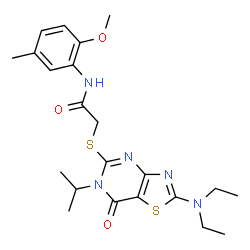ChemSpider 2D Image | 2-{[2-(Diethylamino)-6-isopropyl-7-oxo-6,7-dihydro[1,3]thiazolo[4,5-d]pyrimidin-5-yl]sulfanyl}-N-(2-methoxy-5-methylphenyl)acetamide | C22H29N5O3S2