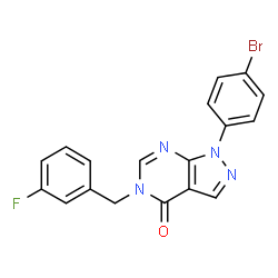 ChemSpider 2D Image | 1-(4-Bromophenyl)-5-(3-fluorobenzyl)-1,5-dihydro-4H-pyrazolo[3,4-d]pyrimidin-4-one | C18H12BrFN4O