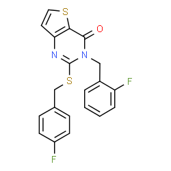 ChemSpider 2D Image | 3-(2-Fluorobenzyl)-2-[(4-fluorobenzyl)sulfanyl]thieno[3,2-d]pyrimidin-4(3H)-one | C20H14F2N2OS2