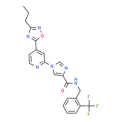 ChemSpider 2D Image | 1-[4-(3-Propyl-1,2,4-oxadiazol-5-yl)-2-pyridinyl]-N-[2-(trifluoromethyl)benzyl]-1H-imidazole-4-carboxamide | C22H19F3N6O2