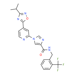 ChemSpider 2D Image | 1-[4-(3-Isopropyl-1,2,4-oxadiazol-5-yl)-2-pyridinyl]-N-[2-(trifluoromethyl)benzyl]-1H-imidazole-4-carboxamide | C22H19F3N6O2