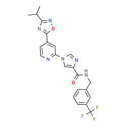 ChemSpider 2D Image | 1-[4-(3-Isopropyl-1,2,4-oxadiazol-5-yl)-2-pyridinyl]-N-[3-(trifluoromethyl)benzyl]-1H-imidazole-4-carboxamide | C22H19F3N6O2