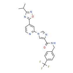 ChemSpider 2D Image | 1-[4-(3-Isopropyl-1,2,4-oxadiazol-5-yl)-2-pyridinyl]-N-[4-(trifluoromethyl)benzyl]-1H-imidazole-4-carboxamide | C22H19F3N6O2