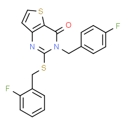 ChemSpider 2D Image | 3-(4-Fluorobenzyl)-2-[(2-fluorobenzyl)sulfanyl]thieno[3,2-d]pyrimidin-4(3H)-one | C20H14F2N2OS2