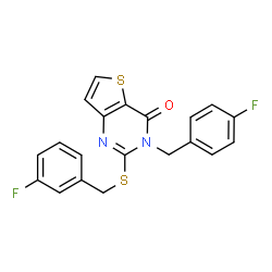 ChemSpider 2D Image | 3-(4-Fluorobenzyl)-2-[(3-fluorobenzyl)sulfanyl]thieno[3,2-d]pyrimidin-4(3H)-one | C20H14F2N2OS2