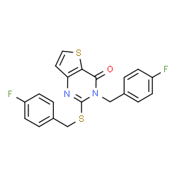 ChemSpider 2D Image | 3-(4-Fluorobenzyl)-2-[(4-fluorobenzyl)sulfanyl]thieno[3,2-d]pyrimidin-4(3H)-one | C20H14F2N2OS2