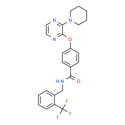 ChemSpider 2D Image | 4-{[3-(1-Piperidinyl)-2-pyrazinyl]oxy}-N-[2-(trifluoromethyl)benzyl]benzamide | C24H23F3N4O2