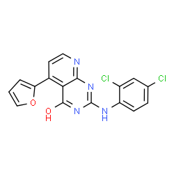 ChemSpider 2D Image | (2E)-2-[(2,4-Dichlorophenyl)amino]-5-(2-furyl)pyrido[2,3-d]pyrimidin-4(8H)-one | C17H10Cl2N4O2