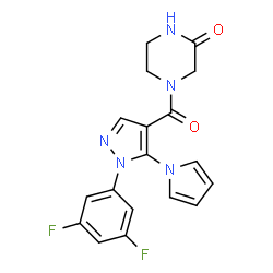 ChemSpider 2D Image | 4-{[1-(3,5-Difluorophenyl)-5-(1H-pyrrol-1-yl)-1H-pyrazol-4-yl]carbonyl}-2-piperazinone | C18H15F2N5O2