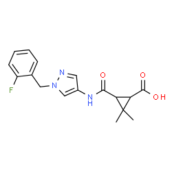 ChemSpider 2D Image | 3-{[1-(2-Fluorobenzyl)-1H-pyrazol-4-yl]carbamoyl}-2,2-dimethylcyclopropanecarboxylic acid | C17H18FN3O3