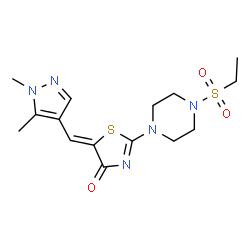ChemSpider 2D Image | (5Z)-5-[(1,5-Dimethyl-1H-pyrazol-4-yl)methylene]-2-[4-(ethylsulfonyl)-1-piperazinyl]-1,3-thiazol-4(5H)-one | C15H21N5O3S2