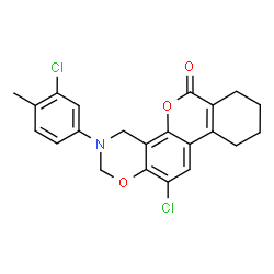 ChemSpider 2D Image | 12-Chloro-3-(3-chloro-4-methylphenyl)-3,4,7,8,9,10-hexahydro-2H,6H-benzo[3,4]chromeno[8,7-e][1,3]oxazin-6-one | C22H19Cl2NO3