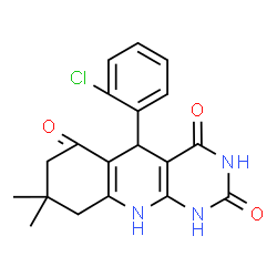 ChemSpider 2D Image | 5-(2-Chlorophenyl)-8,8-dimethyl-5,8,9,10-tetrahydropyrimido[4,5-b]quinoline-2,4,6(1H,3H,7H)-trione | C19H18ClN3O3