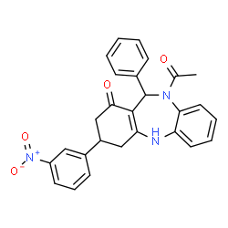 ChemSpider 2D Image | 10-Acetyl-3-(3-nitrophenyl)-11-phenyl-2,3,4,5,10,11-hexahydro-1H-dibenzo[b,e][1,4]diazepin-1-one | C27H23N3O4