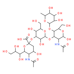 ChemSpider 2D Image | 5-Acetamido-3,5-dideoxy-6-(1,2,3-trihydroxypropyl)hex-2-ulopyranonosyl-(2->3)hexopyranosyl-(1->3)-[6-deoxyhexopyranosyl-(1->4)]-2-acetamido-2-deoxyhexopyranose | C31H52N2O23
