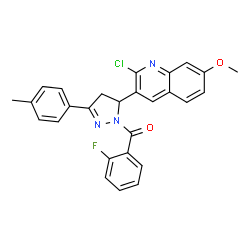 ChemSpider 2D Image | [5-(2-Chloro-7-methoxy-3-quinolinyl)-3-(4-methylphenyl)-4,5-dihydro-1H-pyrazol-1-yl](2-fluorophenyl)methanone | C27H21ClFN3O2