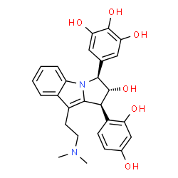 ChemSpider 2D Image | 5-{(1S,2R,3S)-1-(2,4-Dihydroxyphenyl)-9-[2-(dimethylamino)ethyl]-2-hydroxy-2,3-dihydro-1H-pyrrolo[1,2-a]indol-3-yl}-1,2,3-benzenetriol | C27H28N2O6