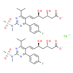 ChemSpider 2D Image | Calcium bis[(3S,5S,6E)-7-{4-(4-fluorophenyl)-6-isopropyl-2-[methyl(methylsulfonyl)amino]-5-pyrimidinyl}-3,5-dihydroxy-6-heptenoate] | C44H54CaF2N6O12S2
