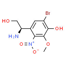 ChemSpider 2D Image | 4-[(1R)-1-Amino-2-hydroxyethyl]-6-bromo-2-methoxy-3-nitrophenol | C9H11BrN2O5