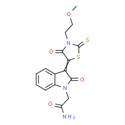 ChemSpider 2D Image | 2-{3-[3-(2-Methoxyethyl)-4-oxo-2-thioxo-1,3-thiazolidin-5-ylidene]-2-oxo-2,3-dihydro-1H-indol-1-yl}acetamide | C16H15N3O4S2