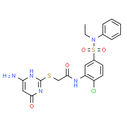 ChemSpider 2D Image | 2-[(6-Amino-4-oxo-1,4-dihydro-2-pyrimidinyl)sulfanyl]-N-{2-chloro-5-[ethyl(phenyl)sulfamoyl]phenyl}acetamide | C20H20ClN5O4S2