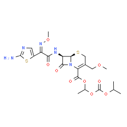 ChemSpider 2D Image | 1-[(Isopropoxycarbonyl)oxy]ethyl (6R,7R)-7-{[(2E)-2-(2-amino-1,3-thiazol-5-yl)-2-(methoxyimino)acetyl]amino}-3-(methoxymethyl)-8-oxo-5-thia-1-azabicyclo[4.2.0]oct-2-ene-2-carboxylate | C21H27N5O9S2