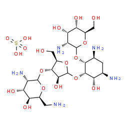 ChemSpider 2D Image | (1R,2S,3S,4R,6S)-4,6-Diamino-2-{[3-O-(2,6-diamino-2,6-dideoxy-L-gulopyranosyl)-D-arabinofuranosyl]oxy}-3-hydroxycyclohexyl 2-amino-2-deoxy-D-allopyranoside sulfate (1:1) | C23H47N5O18S