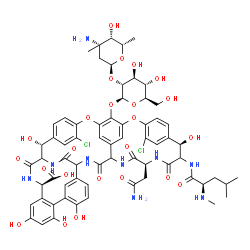 ChemSpider 2D Image | (2R,18R,22S,40R)-22-(2-Amino-2-oxoethyl)-48-{[2-O-(3-amino-2,3,6-trideoxy-3-methyl-alpha-L-lyxo-hexopyranosyl)-beta-D-glucopyranosyl]oxy}-5,15-dichloro-2,18,32,35,37-pentahydroxy-19-[(N-methyl-D-leucy
l)amino]-20,23,26,42,44-pentaoxo-7,13-dioxa-21,24,27,41,43-pentaazaoctacyclo[26.14.2.2~3,6~.2~14,17~.1~8,12~.1~29,33~.0~10,25~.0~34,39~]pentaconta-3,5,8(48),9,11,14,16,29(45),30,32,34,36,38,46,49-pent
adecaene-40-carboxylic acid | C66H75Cl2N9O24