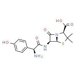 ChemSpider 2D Image | (2S,5S,6S)-6-{[(2S)-2-Amino-2-(4-hydroxyphenyl)acetyl]amino}-3,3-dimethyl-7-oxo-4-thia-1-azabicyclo[3.2.0]heptane-2-carboxylic acid | C16H19N3O5S