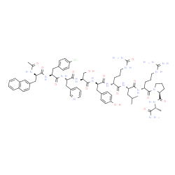 ChemSpider 2D Image | (2S)-N-[(2R)-1-Amino-1-oxo-2-propanyl]-1-[(2R,5S,8R,11R,14S,17S,20S,23R)-2-(3-carbamimidamidopropyl)-8-[3-(carbamoylamino)propyl]-20-(4-chlorobenzyl)-11-(4-hydroxybenzyl)-14-(hydroxymethyl)-5-isobutyl
-23-(2-naphthylmethyl)-4,7,10,13,16,19,22,25-octaoxo-17-(3-pyridinylmethyl)-3,6,9,12,15,18,21,24-octaazahexacosan-1-oyl]-2-pyrrolidinecarboxamide | C70H92ClN17O14