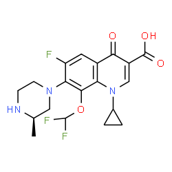 ChemSpider 2D Image | 1-Cyclopropyl-8-(difluoromethoxy)-6-fluoro-7-[(3R)-3-methyl-1-piperazinyl]-4-oxo-1,4-dihydro-3-quinolinecarboxylic acid | C19H20F3N3O4